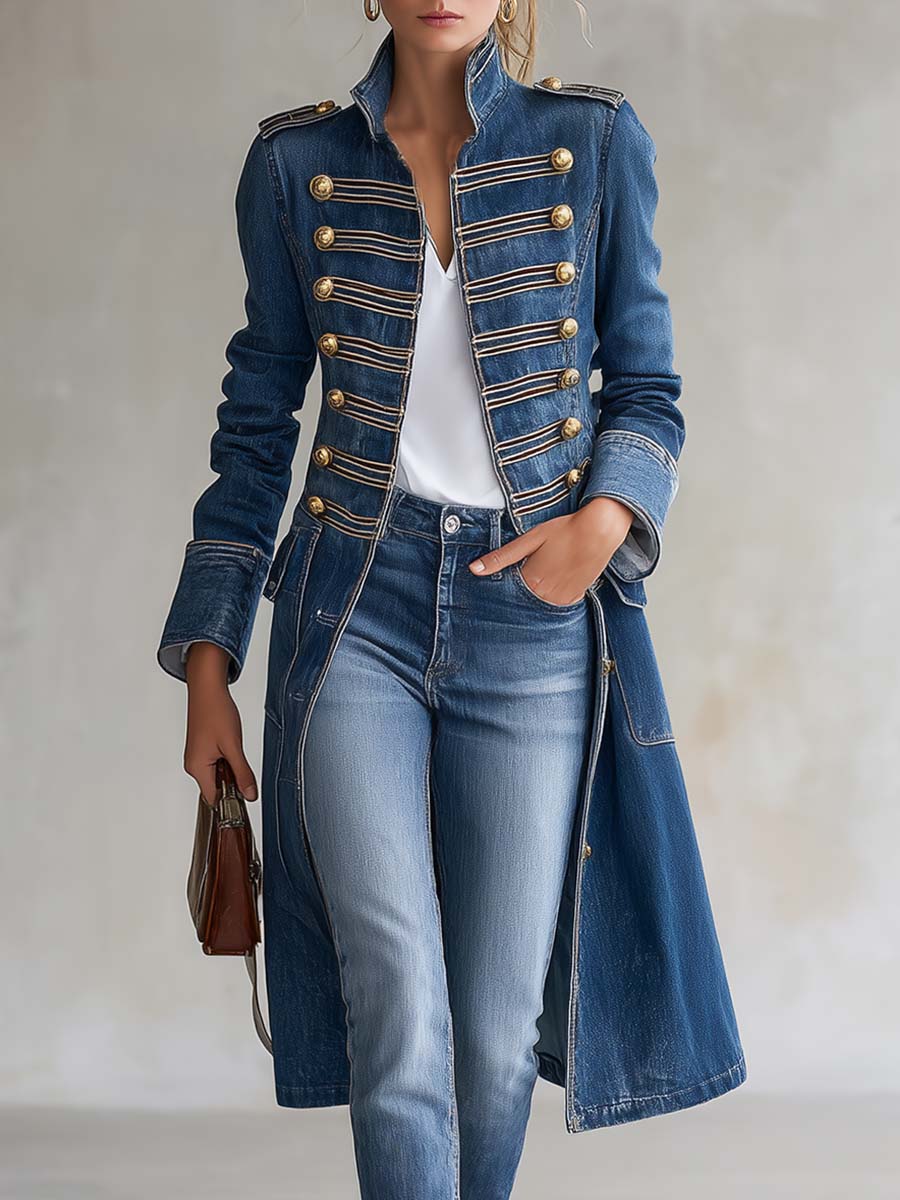 Carmela | Abrigo vaquero largo de estilo militar con botones dorados