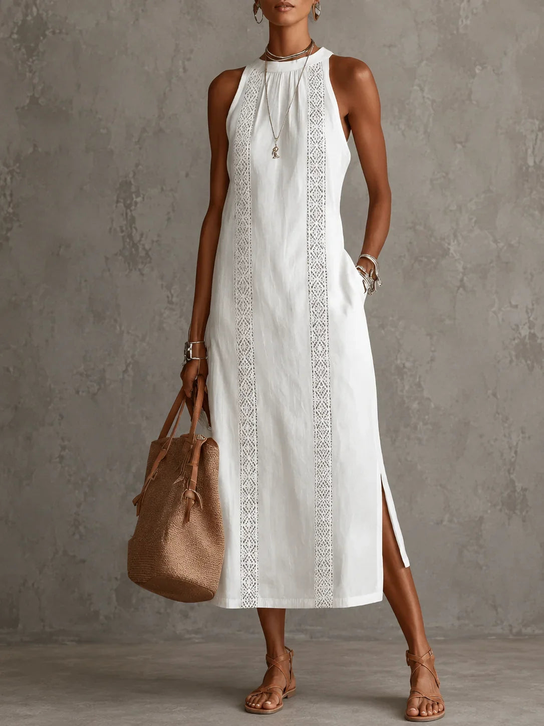 Serena | Vestido de algodón y lino con cuello mao