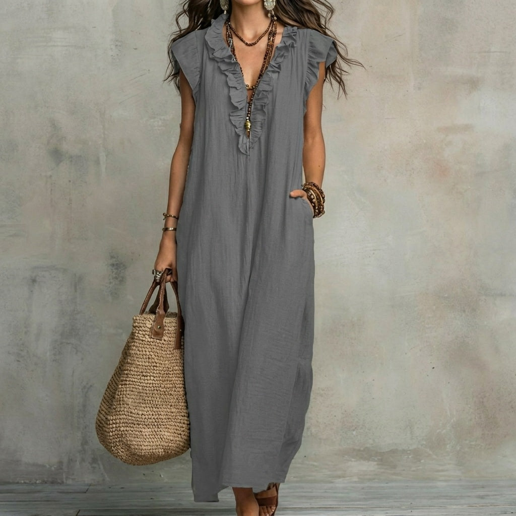 Inés | Vestido largo efecto lino con escote en pico y volantes