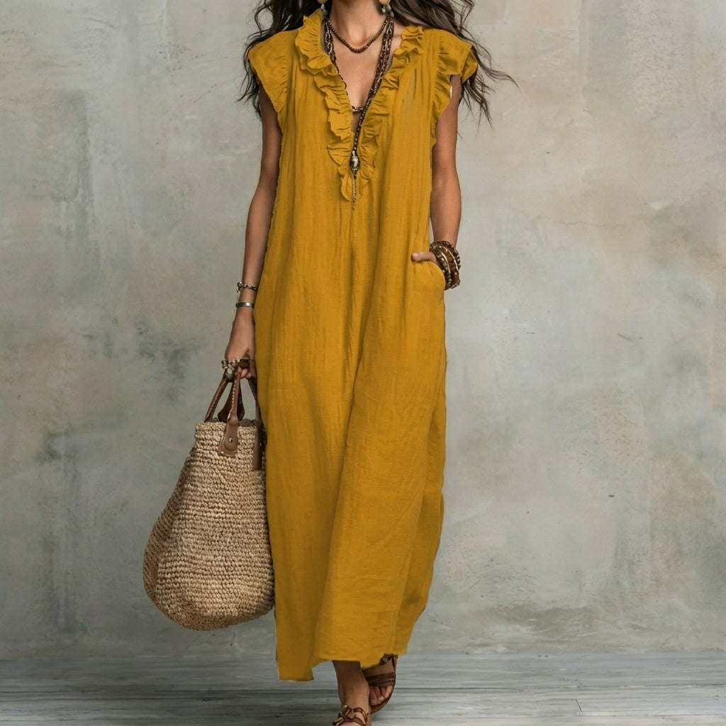 Inés | Vestido largo efecto lino con escote en pico y volantes
