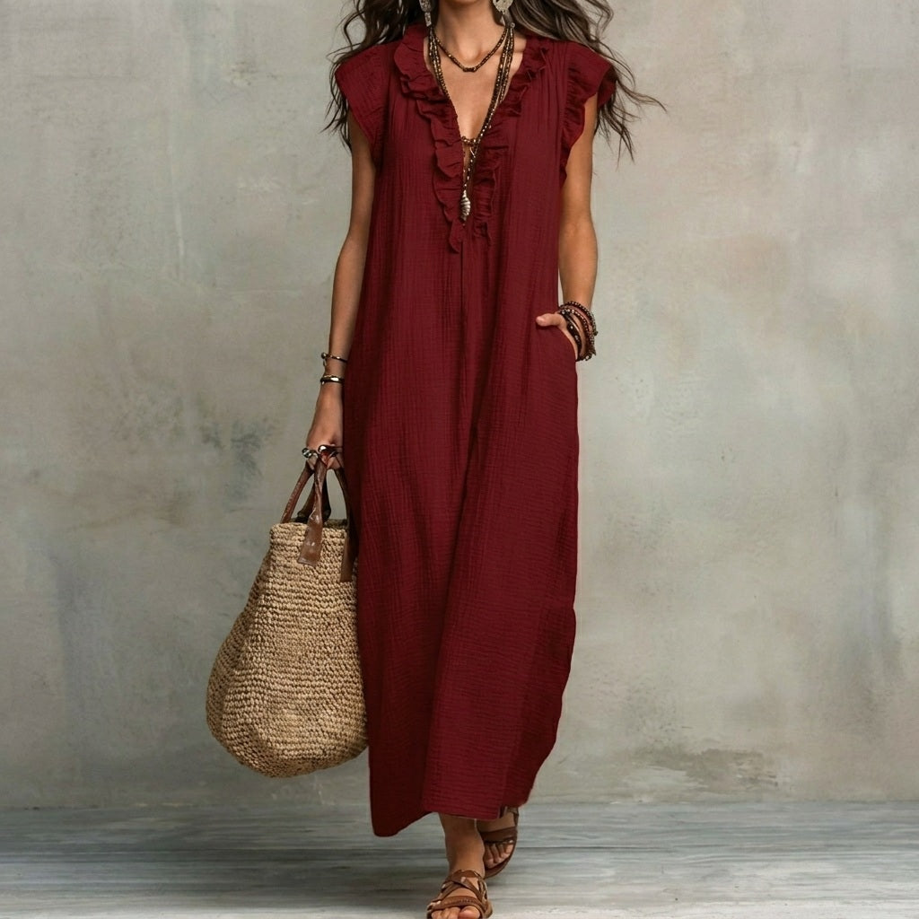 Inés | Vestido largo efecto lino con escote en pico y volantes