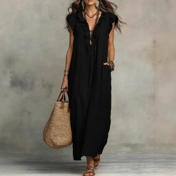 Inés | Vestido largo efecto lino con escote en pico y volantes