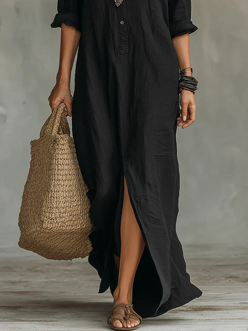 Triana | Vestido maxi negro holgado con botones