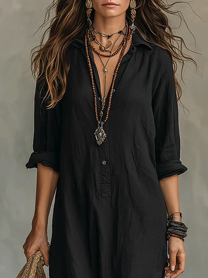 Triana | Vestido maxi negro holgado con botones