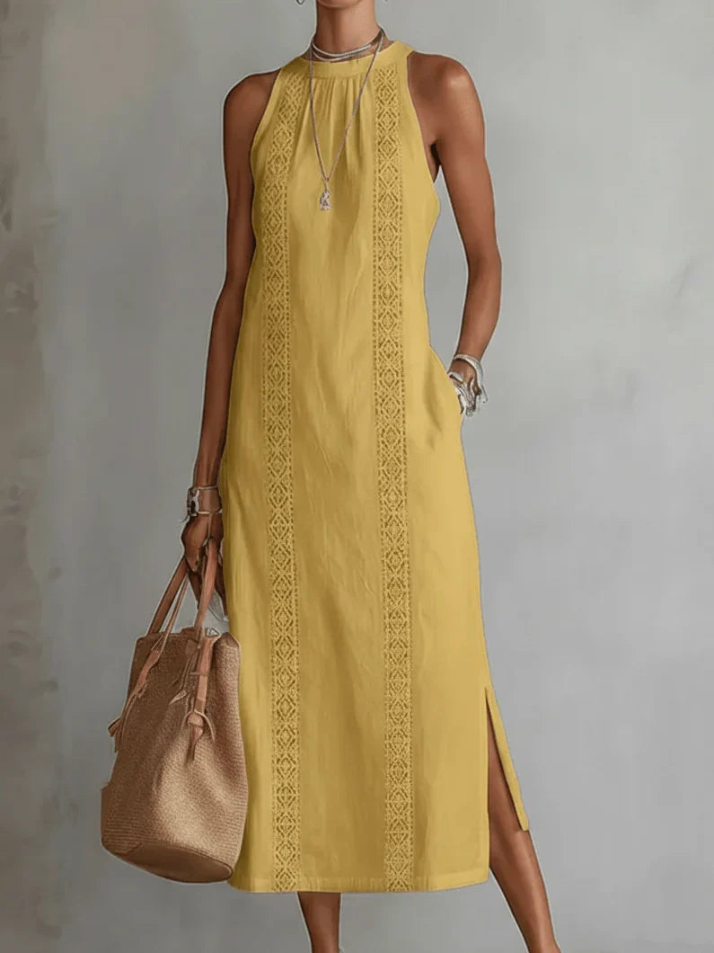 Serena | Vestido de algodón y lino con cuello mao