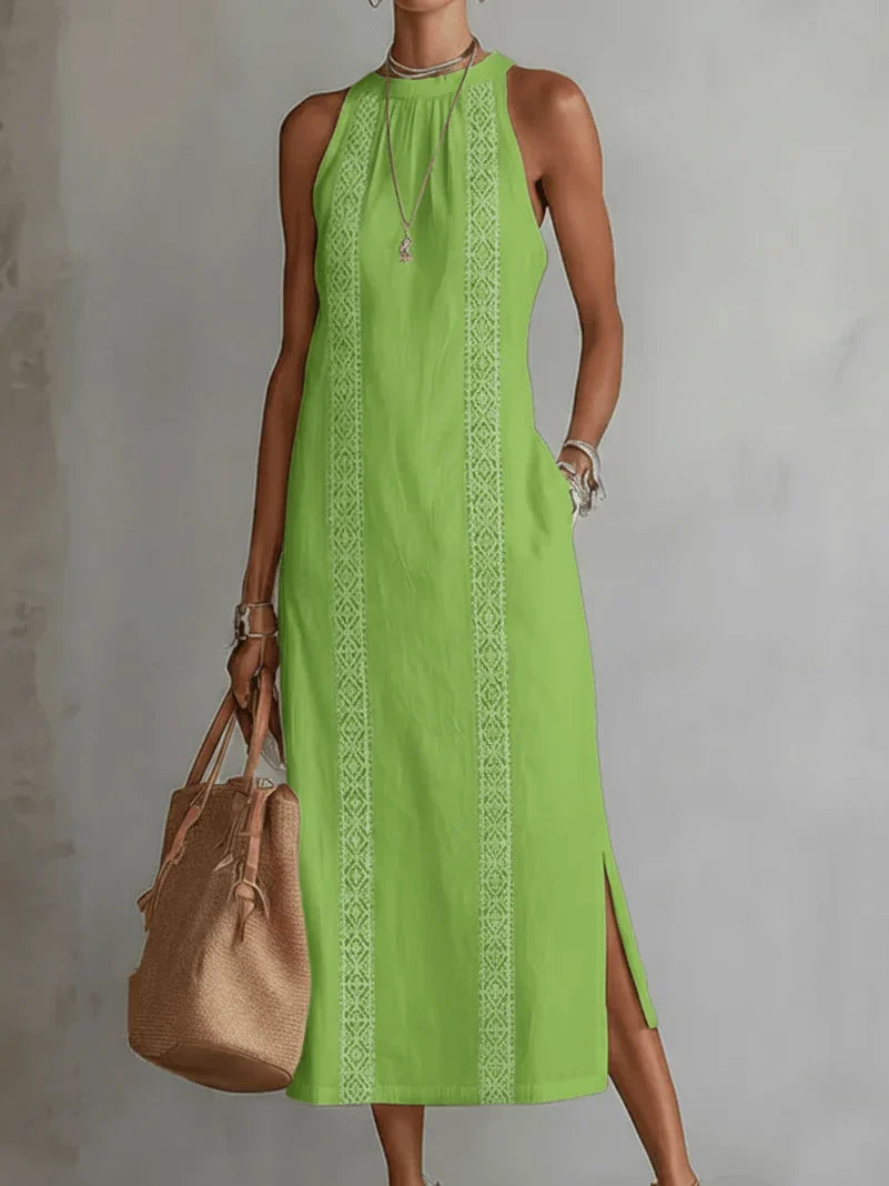 Serena | Vestido de algodón y lino con cuello mao