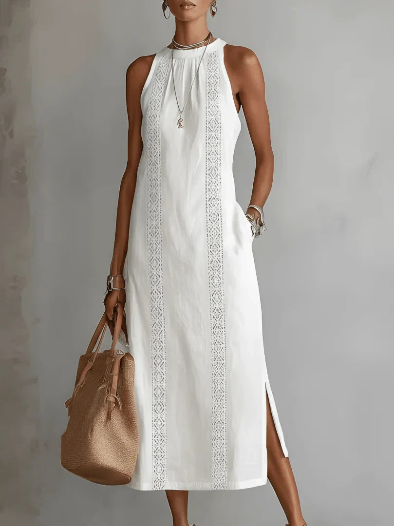 Serena | Vestido de algodón y lino con cuello mao