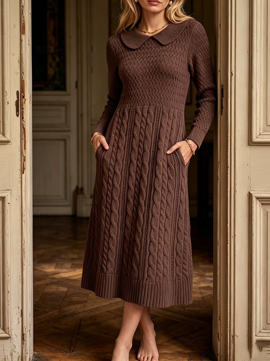 Avellana | Vestido midi de punto trenzado con cuello