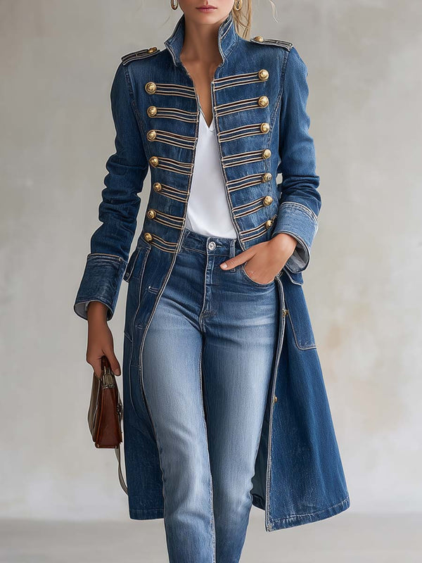 Carmela | Abrigo vaquero largo de estilo militar con botones dorados