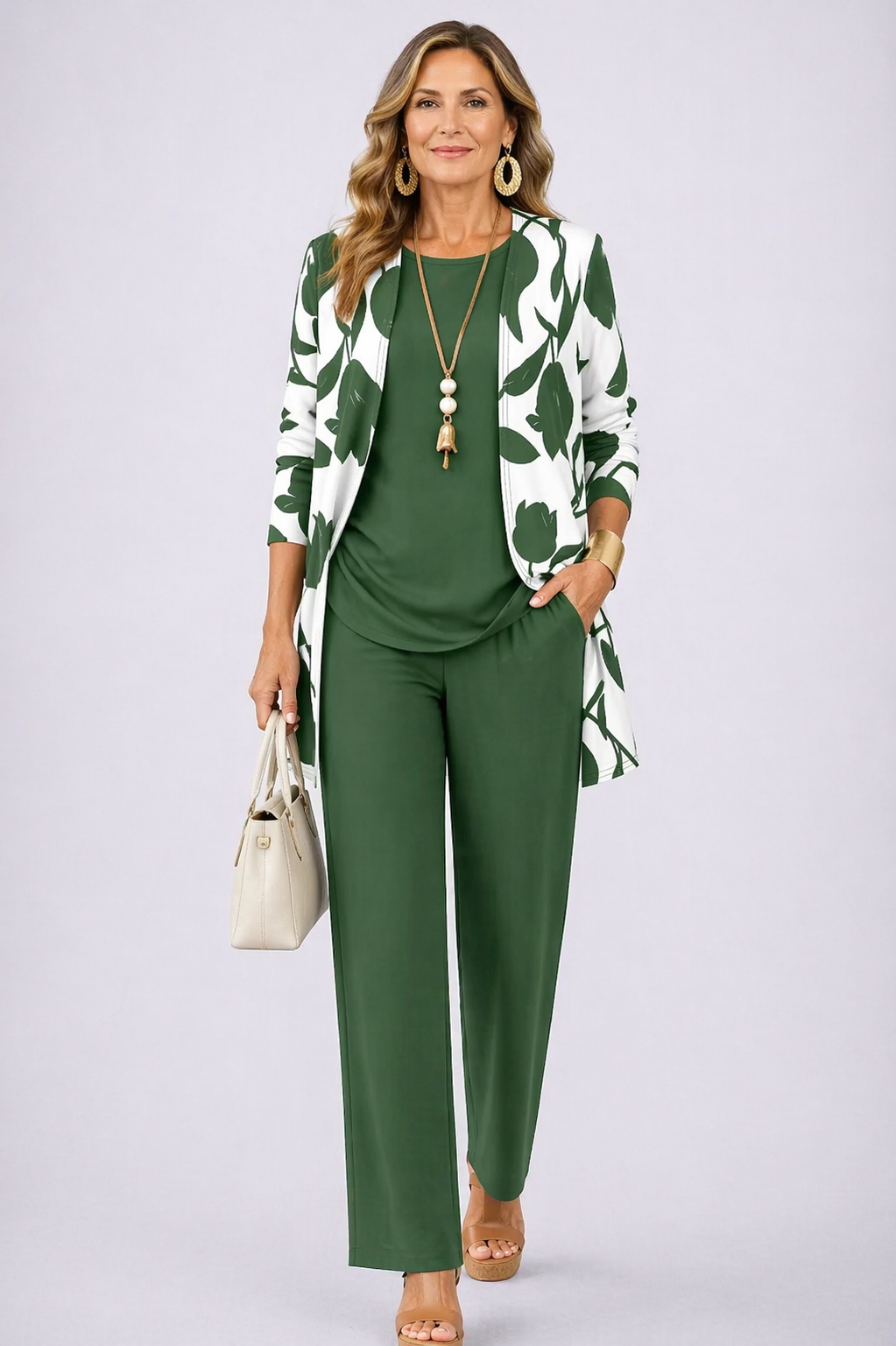 Jara | Traje de invitada de tres piezas en verde y blanco