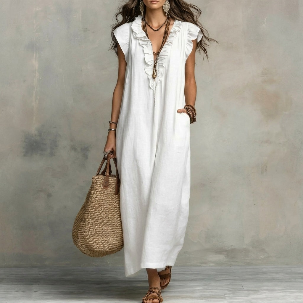 Inés | Vestido largo efecto lino con escote en pico y volantes
