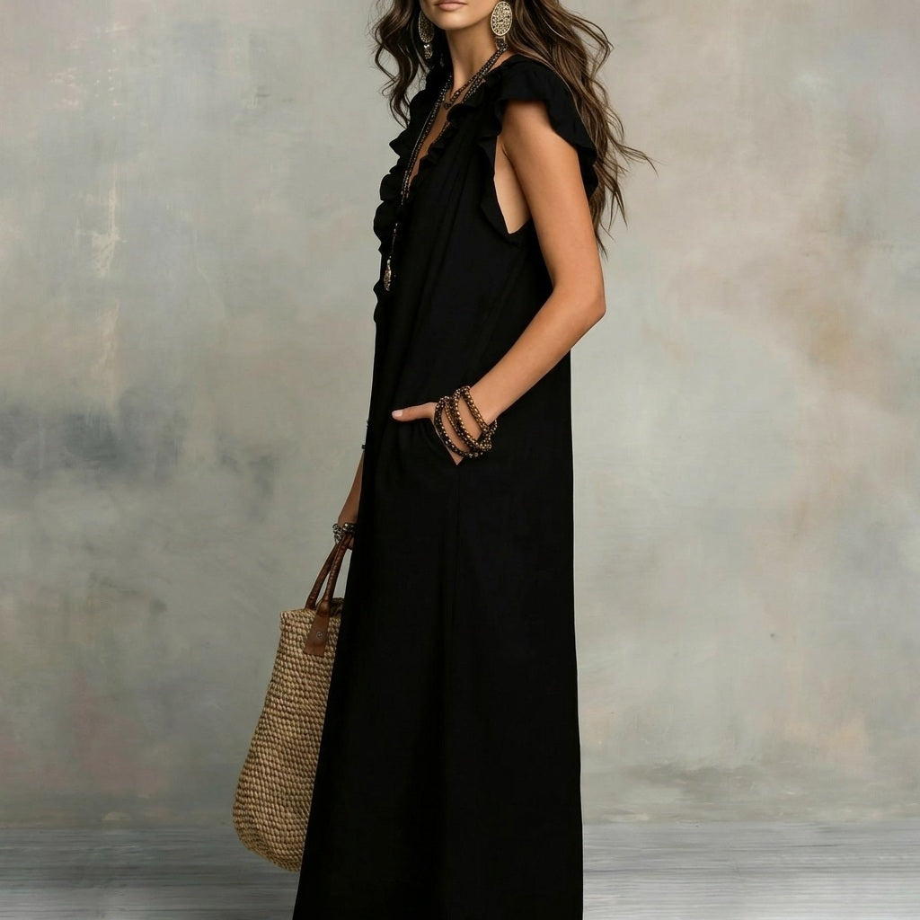 Inés | Vestido largo efecto lino con escote en pico y volantes