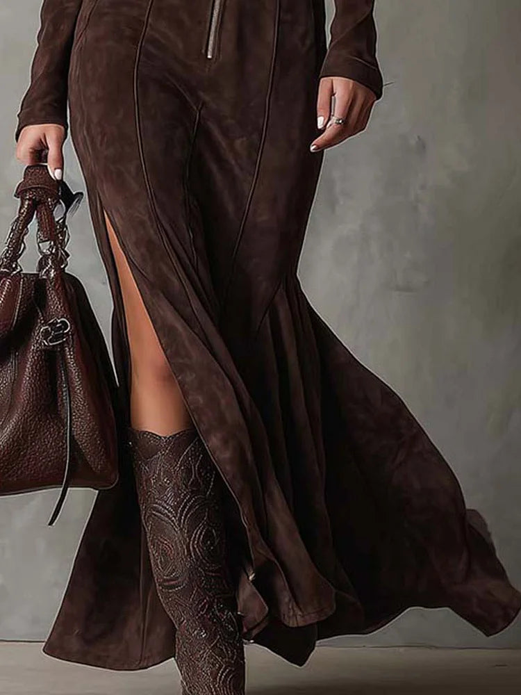 Canela | Vestido largo efecto ante con cinturón