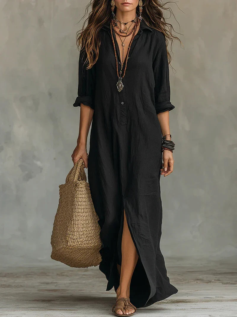 Triana | Vestido maxi negro holgado con botones