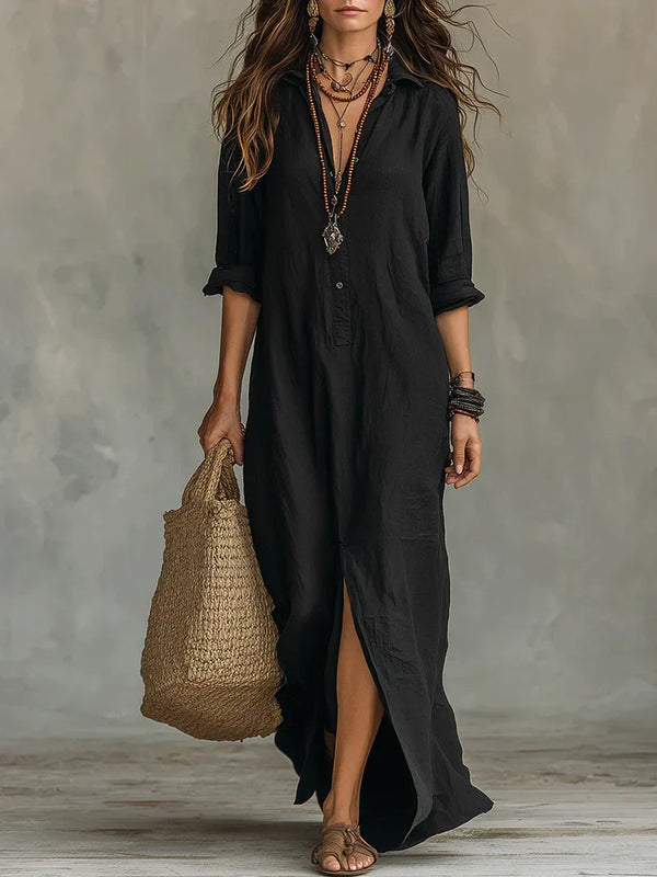 Triana | Vestido maxi negro holgado con botones
