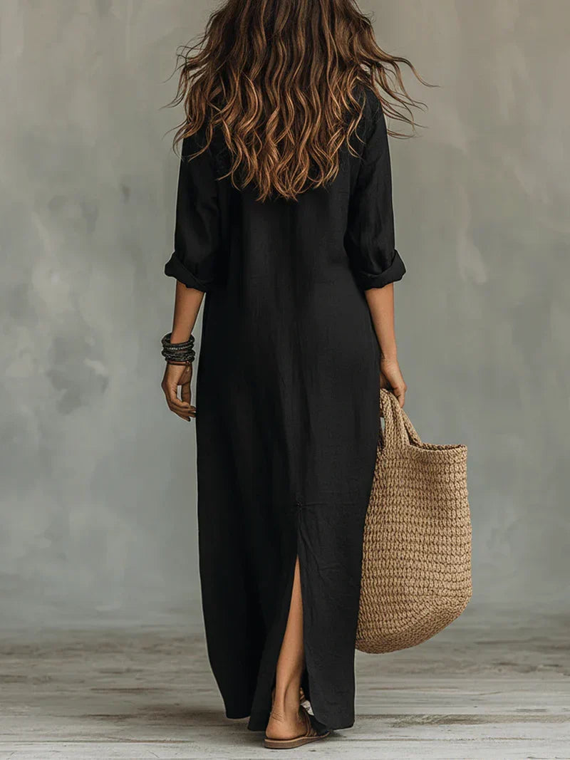 Triana | Vestido maxi negro holgado con botones