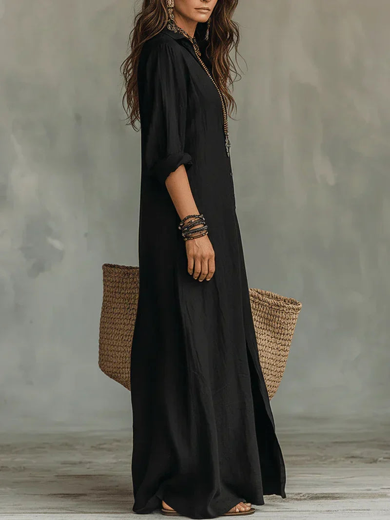 Triana | Vestido maxi negro holgado con botones