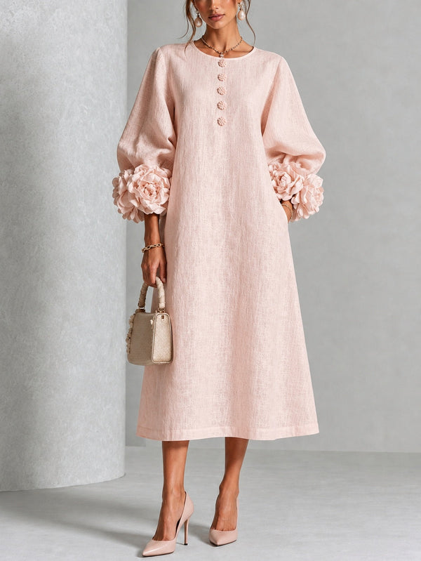 Camelia | Vestido midi floral con puños de flores