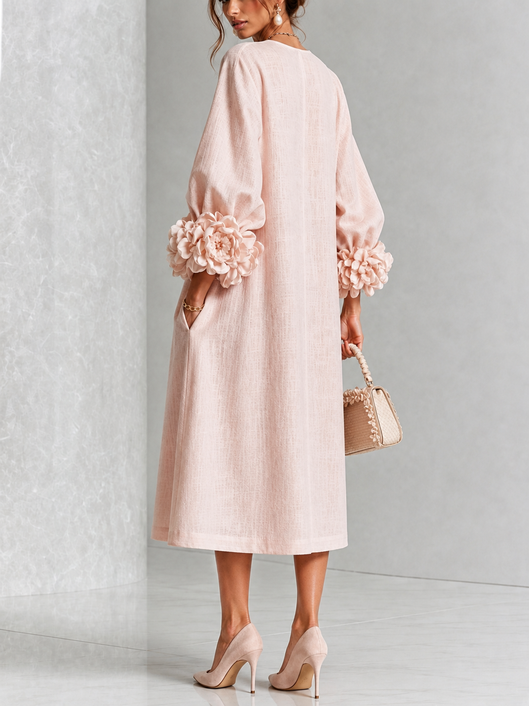 Camelia | Vestido midi floral con puños de flores