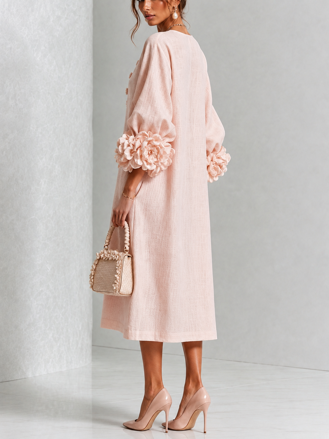 Camelia | Vestido midi floral con puños de flores
