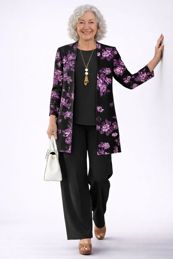 Montserrat | Traje de invitada de tres piezas en morado y negro