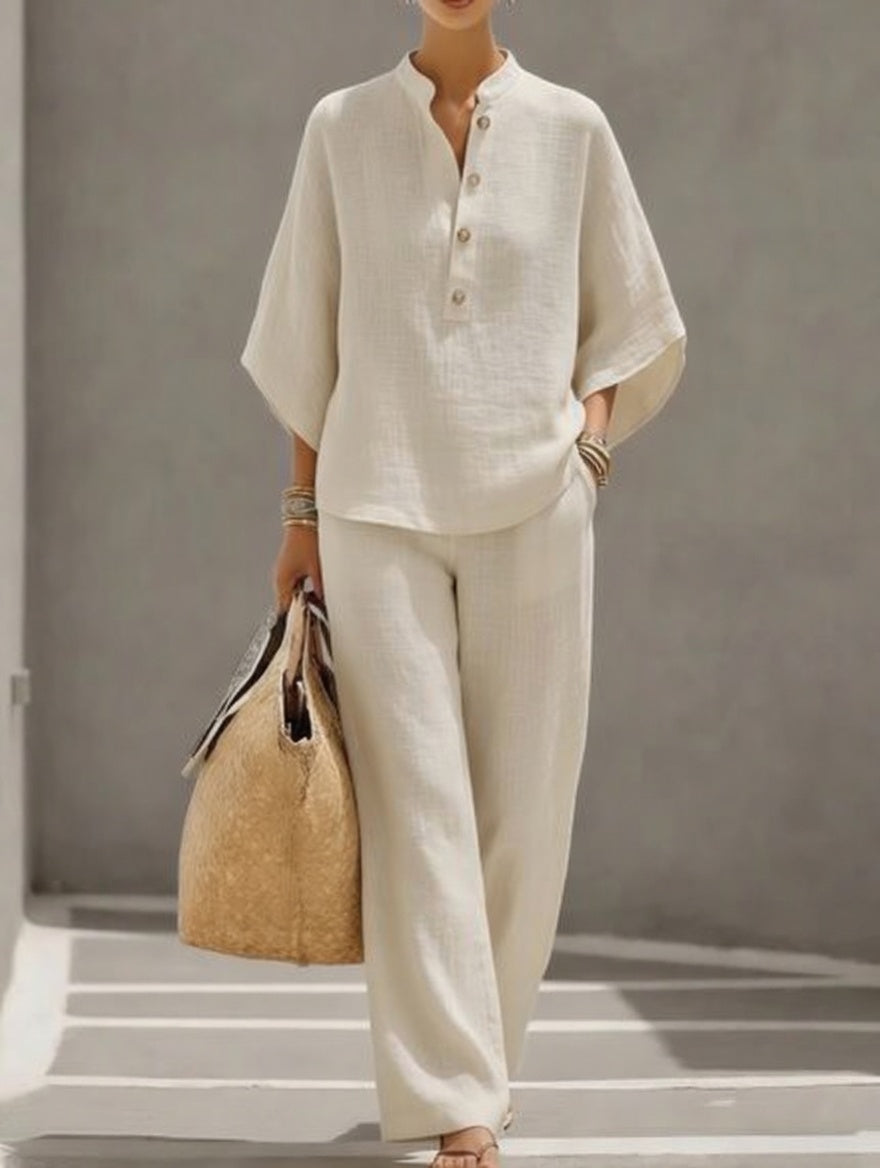 Lourdes | Conjunto de algodón y lino con pantalón amplio