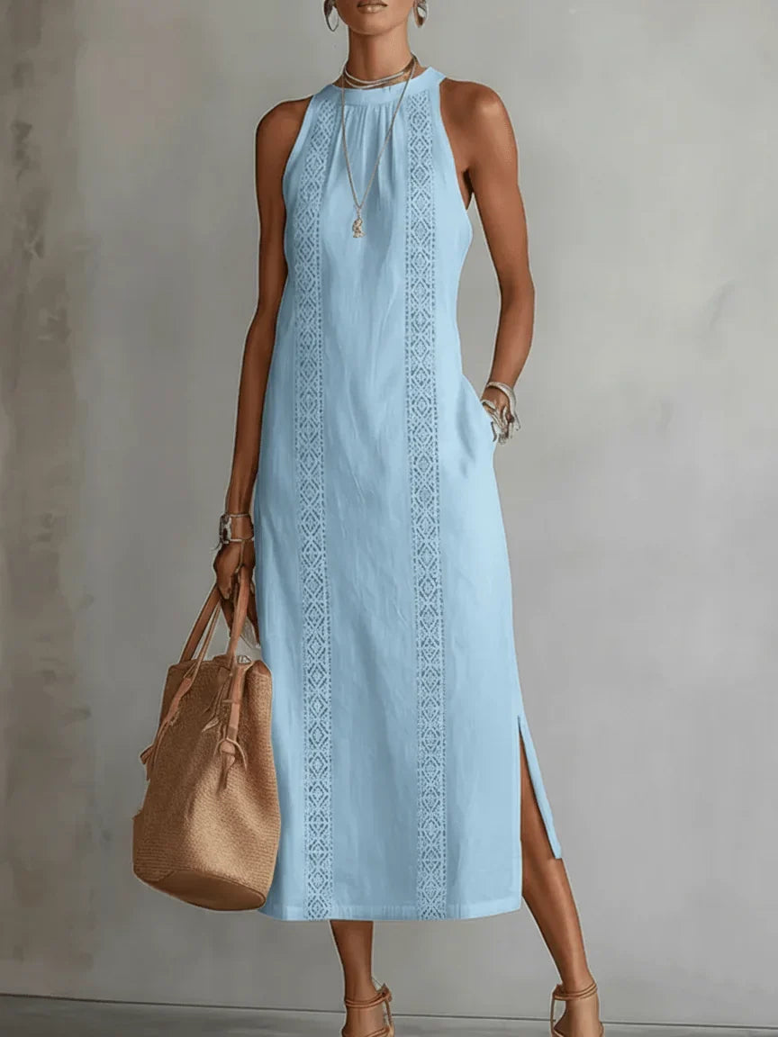 Serena | Vestido de algodón y lino con cuello mao