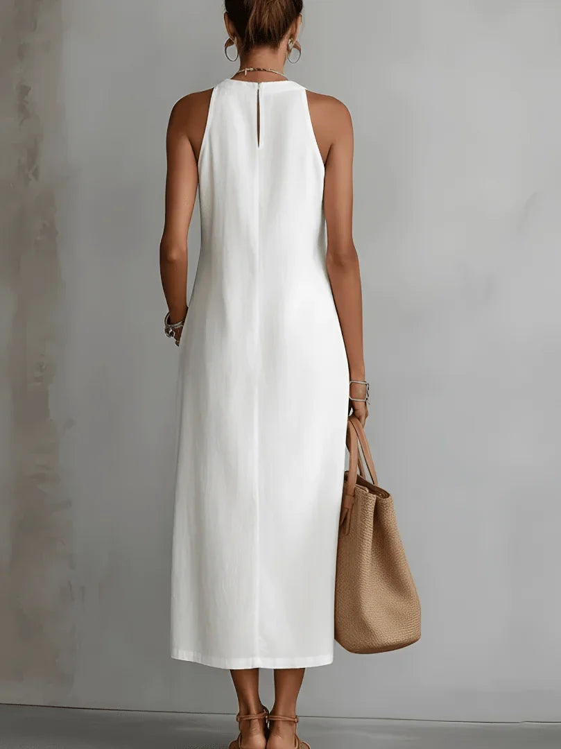 Serena | Vestido de algodón y lino con cuello mao