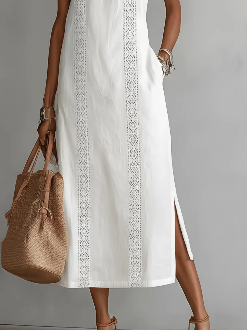 Serena | Vestido de algodón y lino con cuello mao