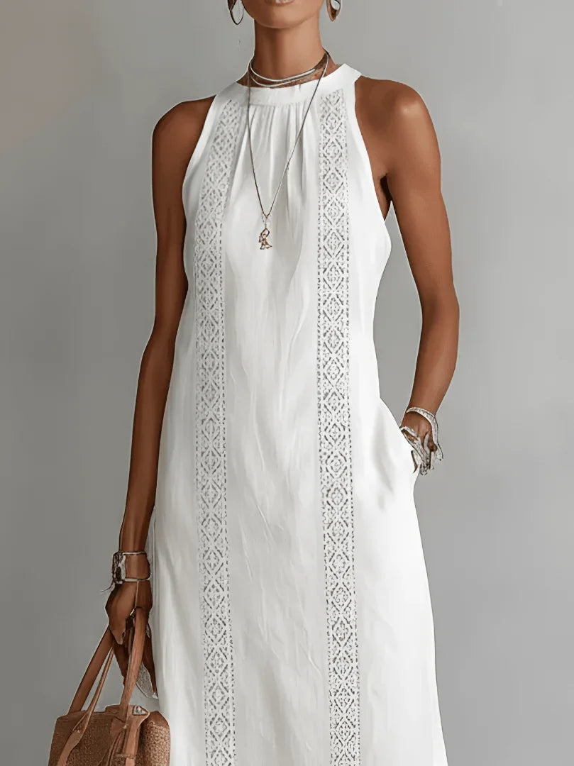Serena | Vestido de algodón y lino con cuello mao
