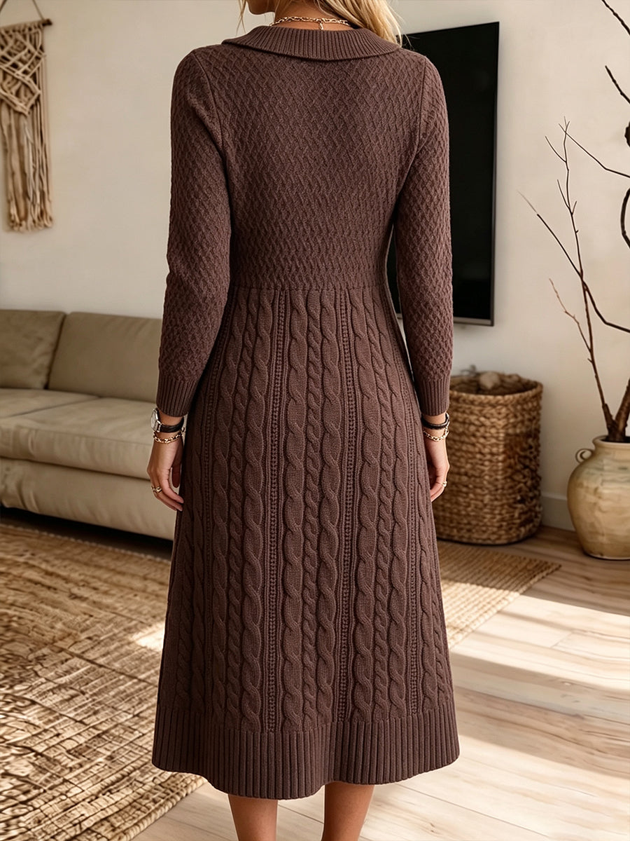 Avellana | Vestido midi de punto trenzado con cuello